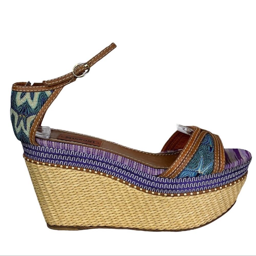 Missoni TM 26 Platform Multicolor Raffia Crochet Wedge Heel Sandals EU 38 US 8